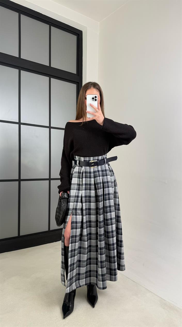 Lacivert Kemerli Yırtmaç Detaylı Ekoseli Etek gaus-01026