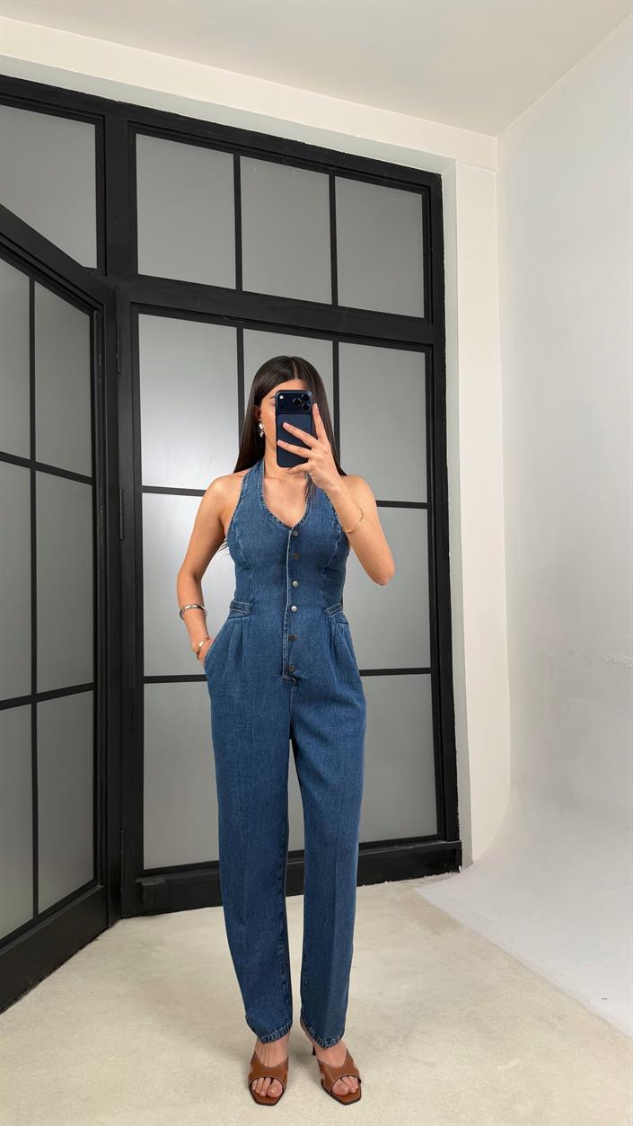 Mavi Boyundan Bağlamalı Tasarım Tencel Denim Tulum GAUS-01357