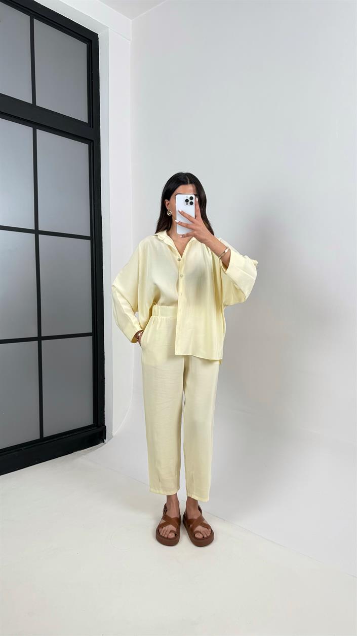 Sarı Önü Düğmeli Gömlek Beli Lastikli Cepli Pantolon MD Muadil Tencel Takım TNCL01 Gaus00390