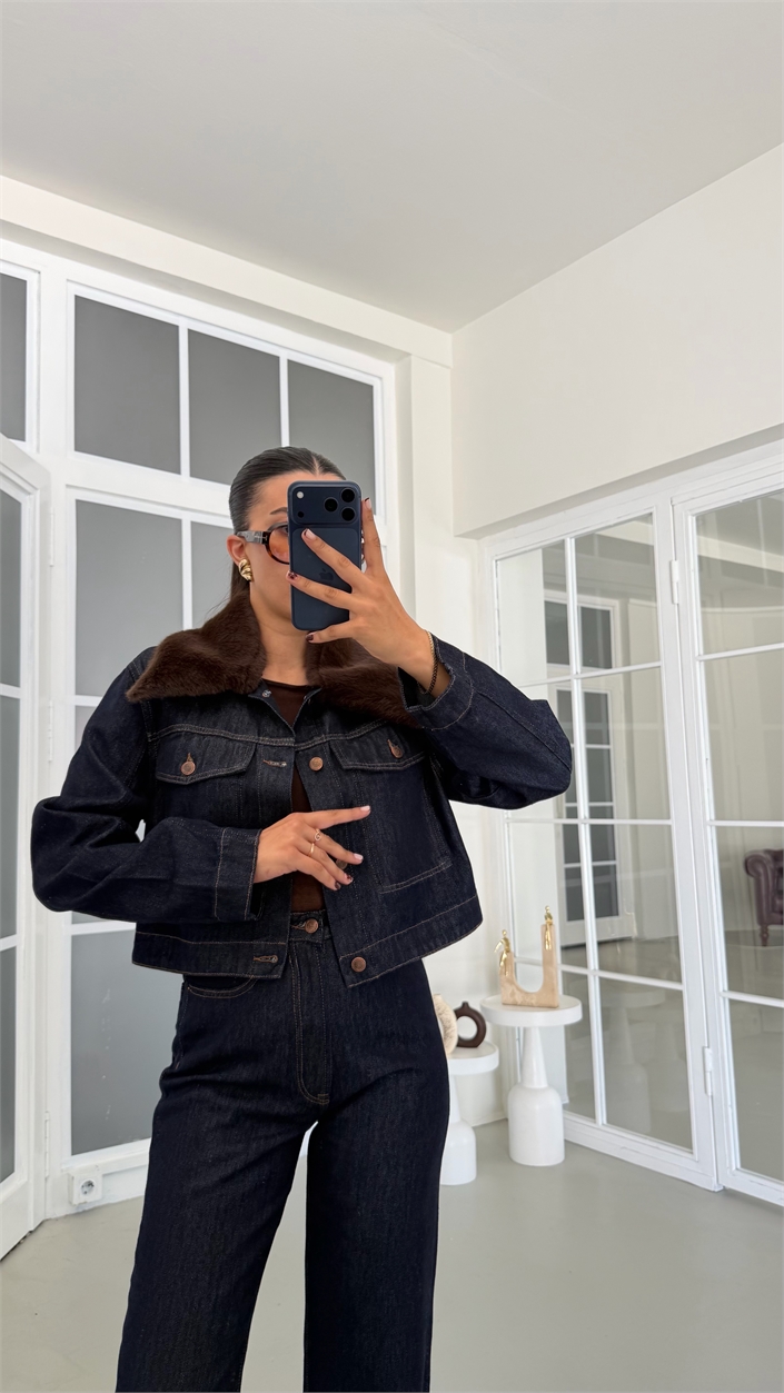 Lacivert Kürk Yakalı Ceket Pantolon Premium Denim Takım GAUS-01903