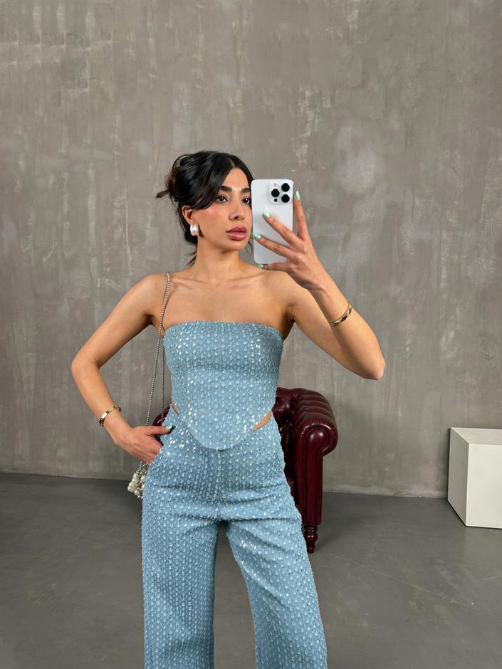 Mavi Pullu Parlak Korseli Denim Takım Gaus00241
