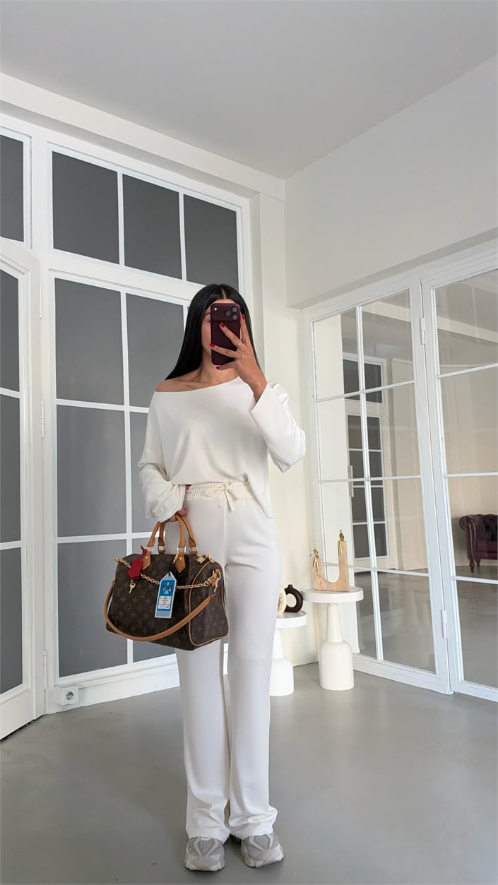Ekru Kayık Yaka Bluz Beli Lastikli Pantolon İkili Modal Takım GAUS-02168