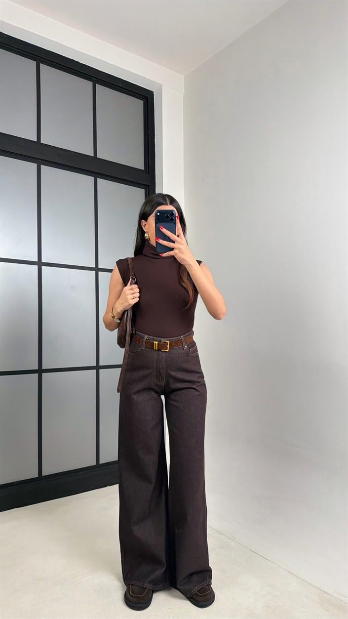 Acı Kahve Yüksek Bel Kemerli Eskitme Jean GAUS-00927