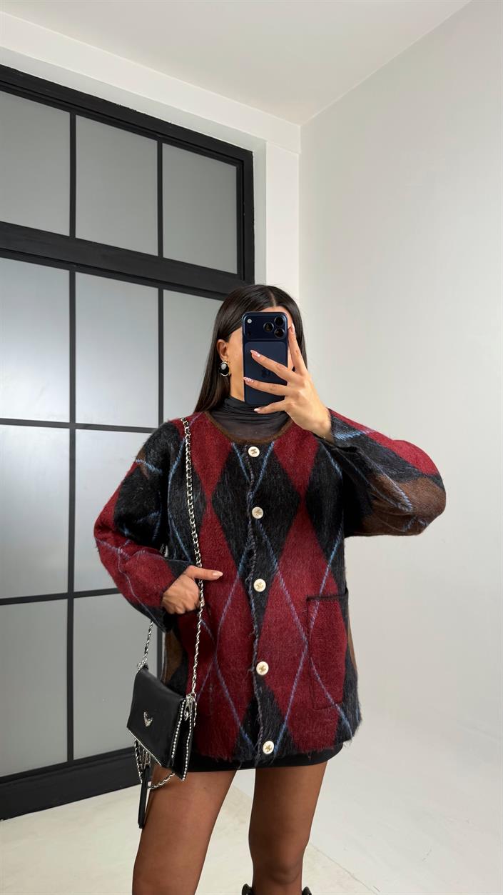 Bordo Baklava Desenli Muadil Hırka GAUS-00793