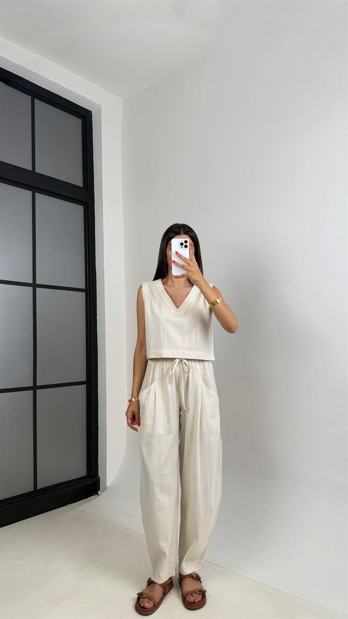 Taş V Yaka Bluz Beli Lastikli Balon Pantolon Muadil Keten Takım GAUS-0016