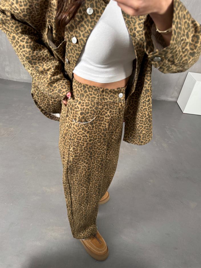 Rosali Kahve Leopar Desenli Gabardin Takım