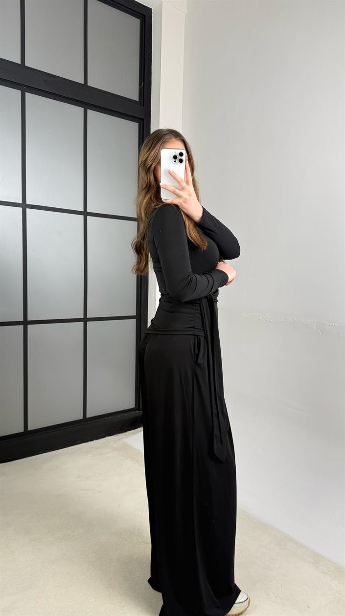 Siyah Bağlama Detaylı  Bluz Beli Lastikli Pantolon Sandy Takım GAUS-01145