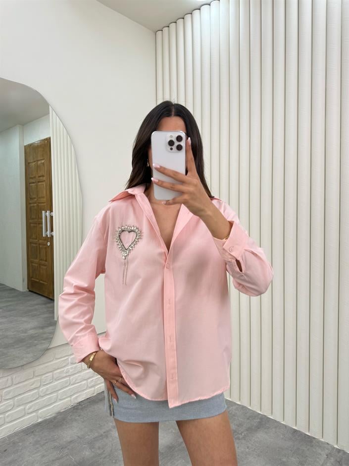 Pembe Taşlı Kalp Yaka Detaylı Gömlek Gaus00299
