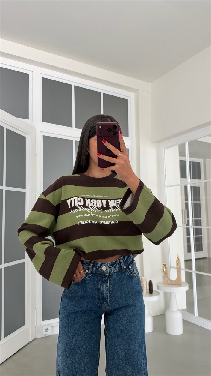 Yeşil Şeritli Baskılı Sweatshirt GAUS-02121 GAUS-02311