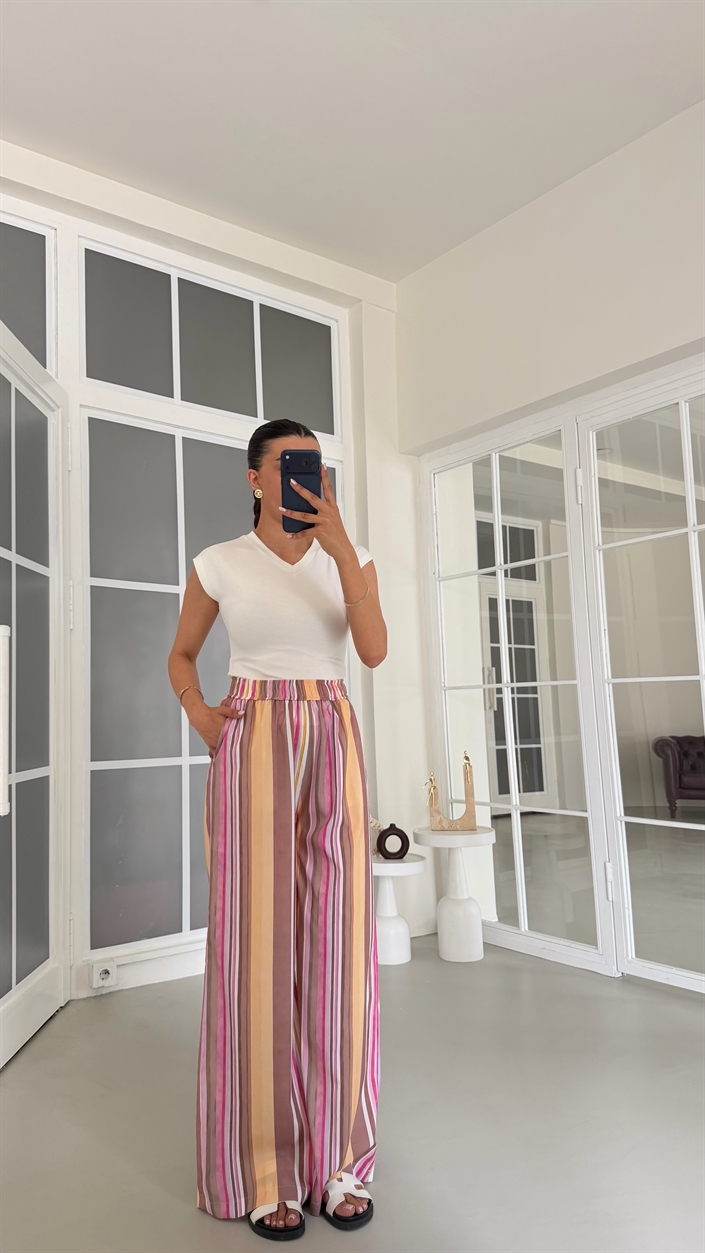 Sarı Beli Lastikli Şeritli Pantolon GAUS-01824