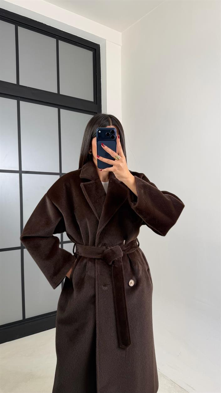 Kahve Astarlı Kuşaklı Premium Peluş Kaban GAUS-00565