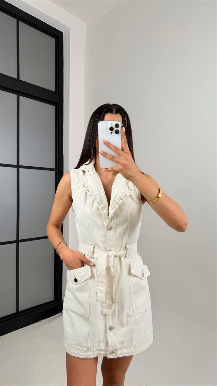 Ekru Cep Detaylı Kemerli Yakası Örgülü Denim Elbise Gaus00554