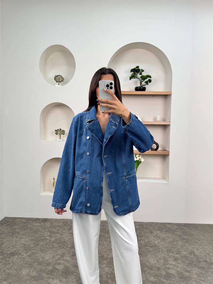 Tales Mavi Vatkalı Blazer Kot Ceket