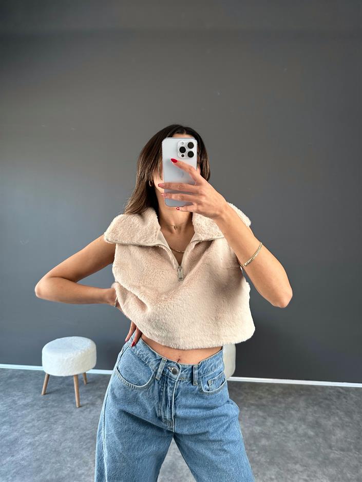 Taş Fermuarlı Crop Peluş Kürk Süveter 