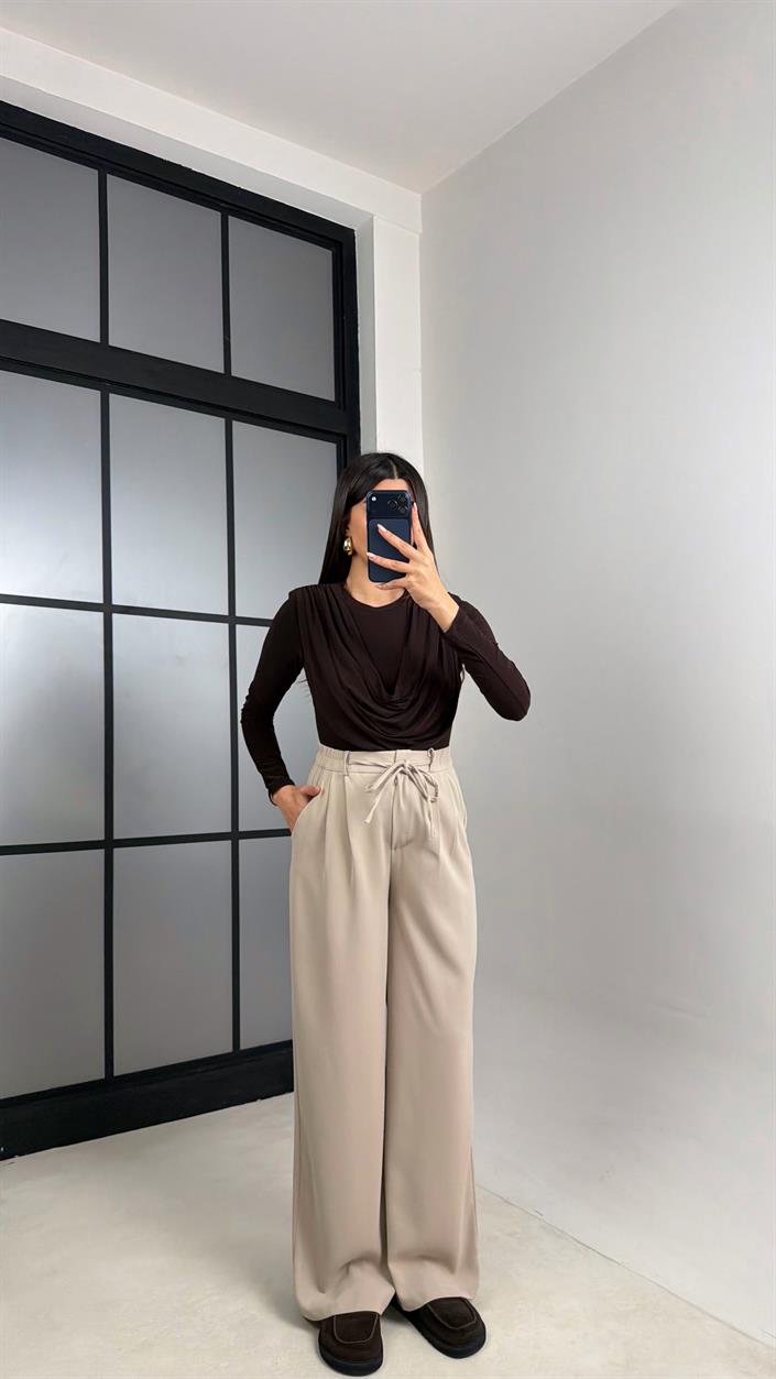 Taş Beli Lastikli Kuşaklı İthal Kumaş Pantolon GAUS-00869