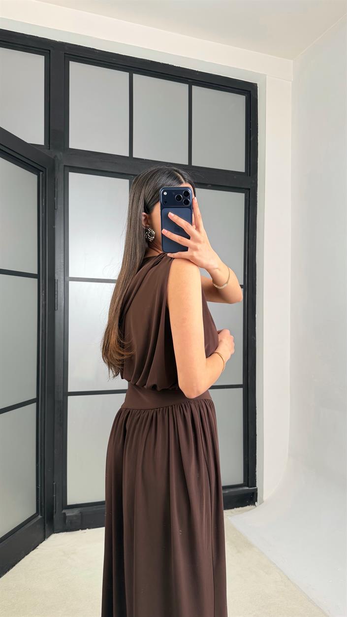 Kahve Sıfır Kol Zr Model Tasarım Elbise GAUS-01362