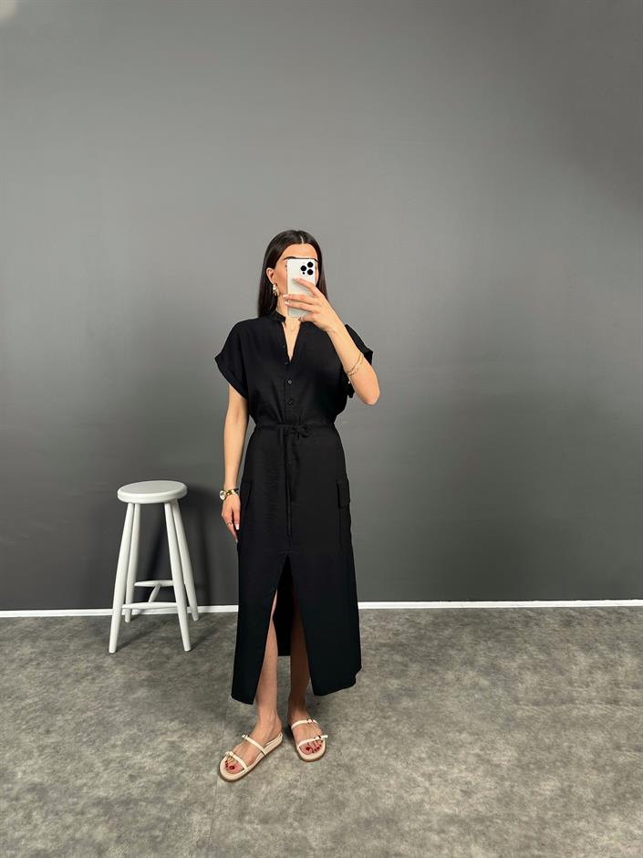 Corinna Siyah İthal Kumaş Önü Yırtmaçlı Elbise 