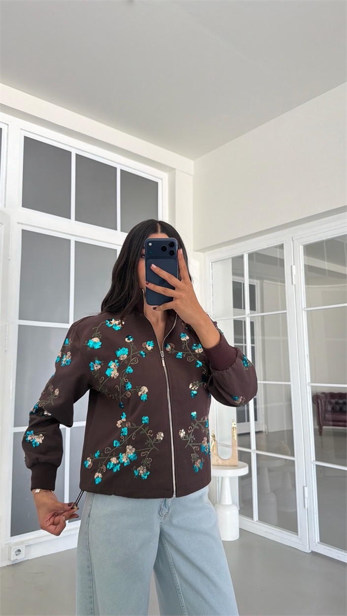 Kahve Payet Nakışlı Astarlı Bomber Ceket GAUS-01934