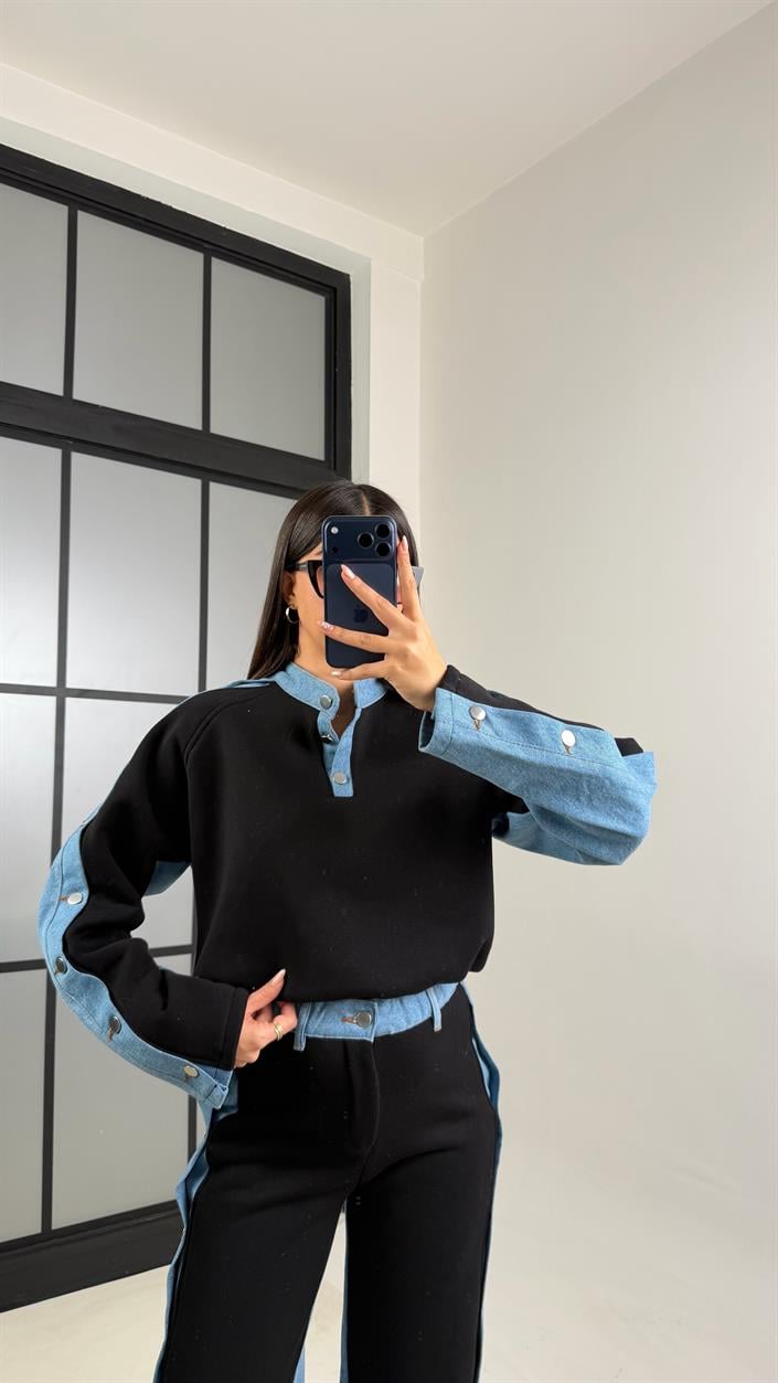 Siyah Denim Detaylı Şardonlu Sweatshirt Eşofman Takım GAUS-00839