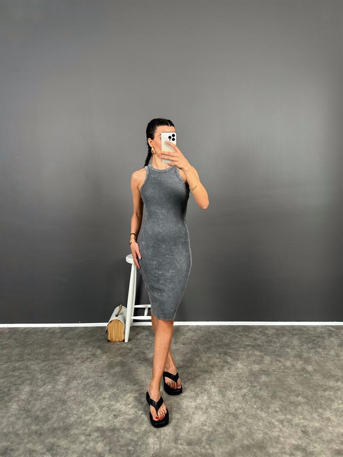 Cord Eskitme Gri Zr Muadili Fitilli Halter Yaka Midi Elbise