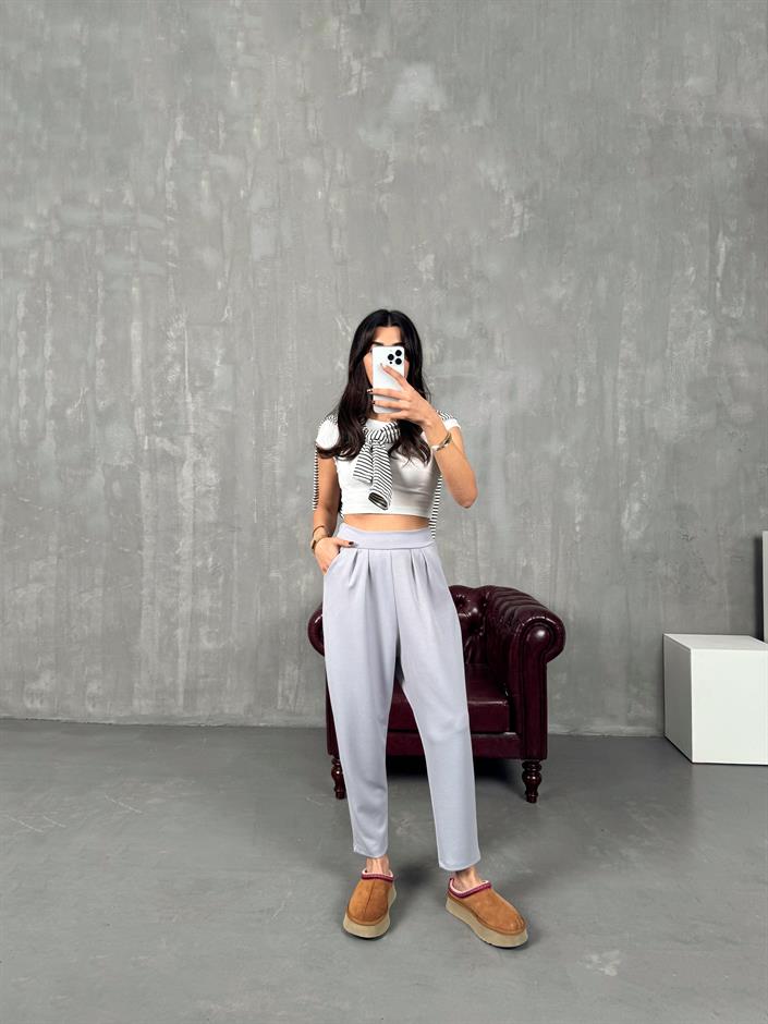 Weld Gri Arkası Lastikli Cepli Harem Pantolon