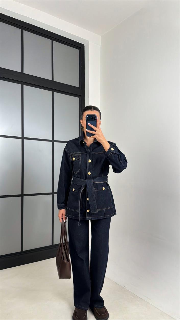 Lacivert Uzun Gold Düğmeli Tasarım Ceket Pantolon Denim Takım GAUS-00586