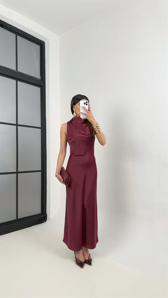 Mürdüm Yaka Drapeli Saten Elbise Gaus00364