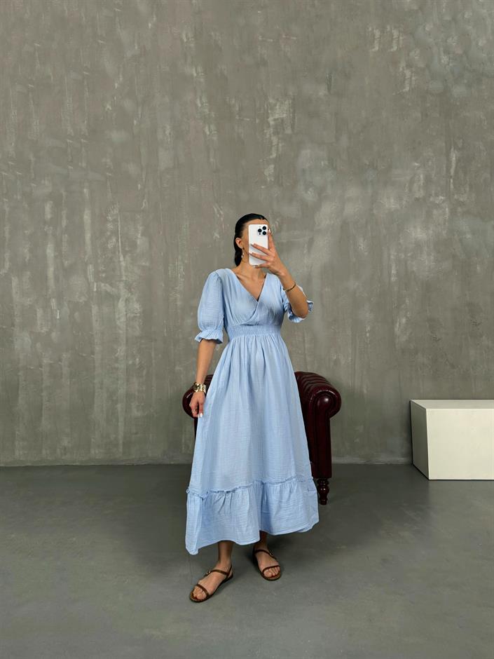 Bebe Mavi V Yaka Beli Lastikli Büzgülü Müslin Pinterest Elbise Gaus00022