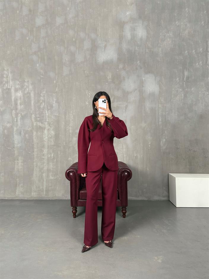 Roni Bordo Belden Oturtmalı Ceket Pantolon Premium Takım