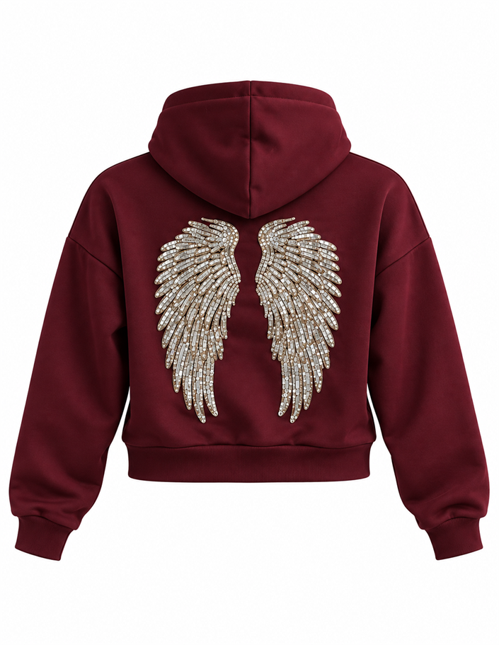 Mürdüm Kanat İşlemeli Kapüşonlu Sweatshirt GAUS-02052