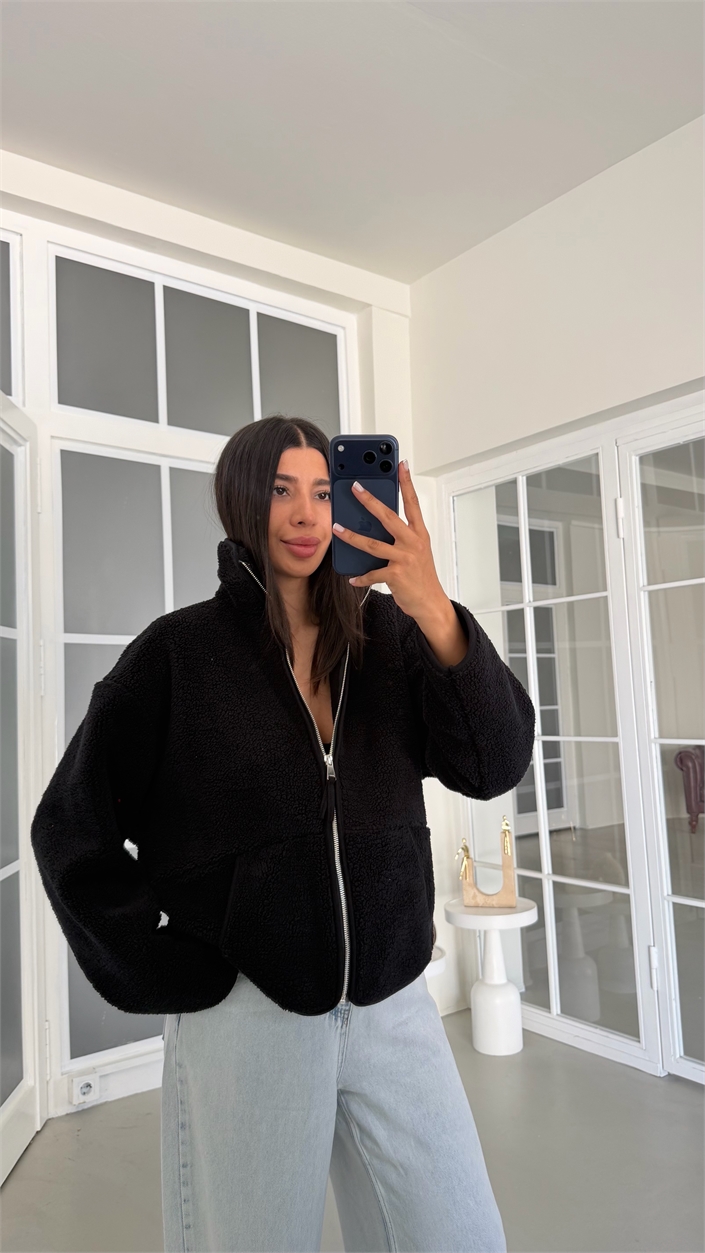 Siyah Fermuarlı Cepli Polar Sweatshirt GAUS-02031