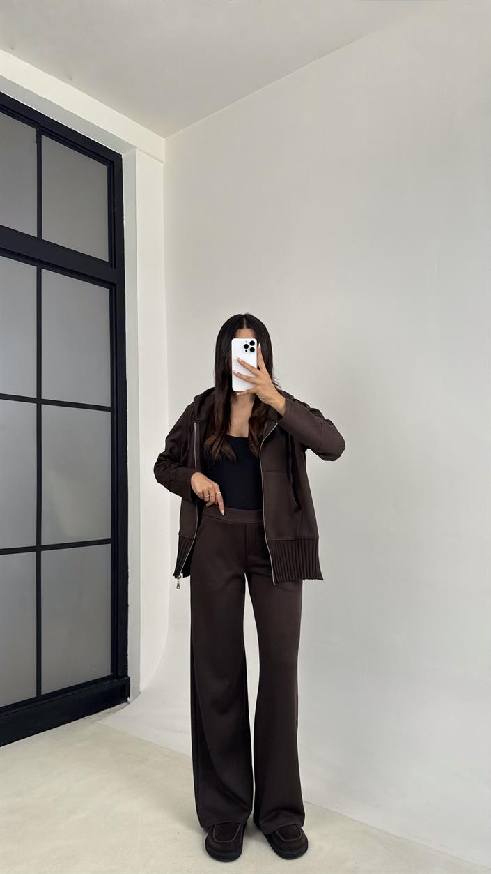 Acı Kahve Kapüşonlu Hırka Beli Lastikli Pantolon İkili Premium Takım GAUS-0075