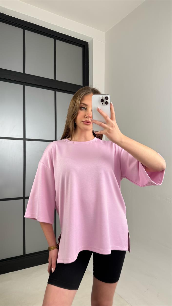 Pembe Basic Yırtmaç Detaylı Modal Tshirt GAUS-01060