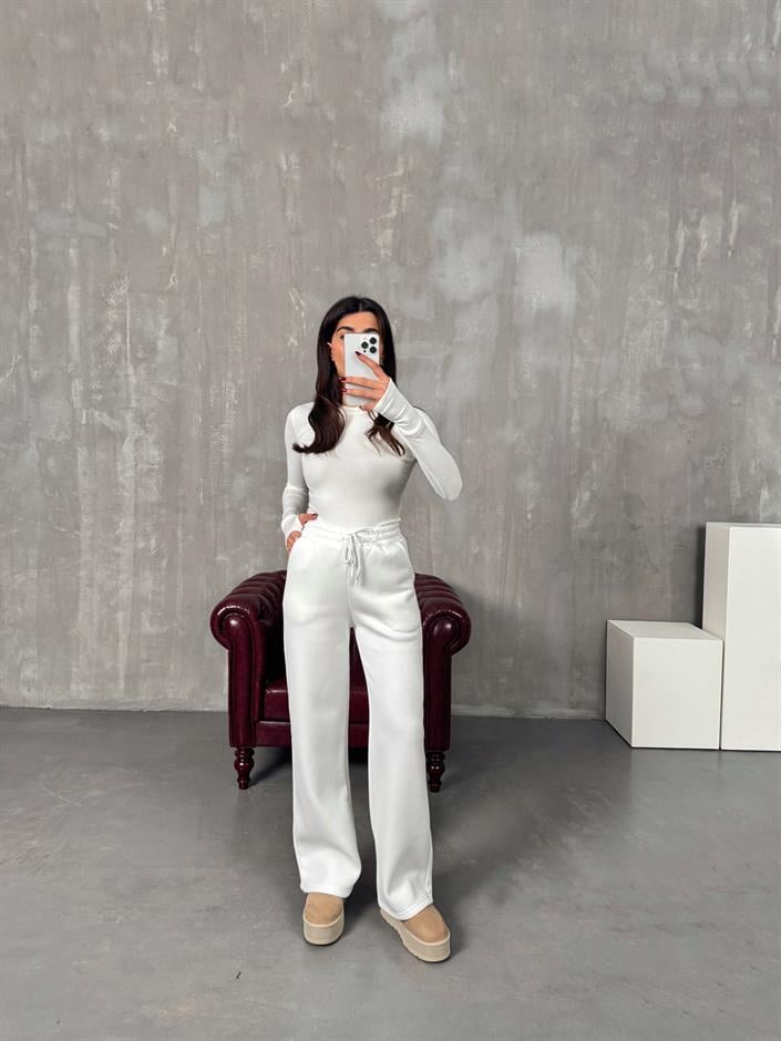 Seps Beyaz Üç İplik Şardonlu Cepli Eşofman Altı