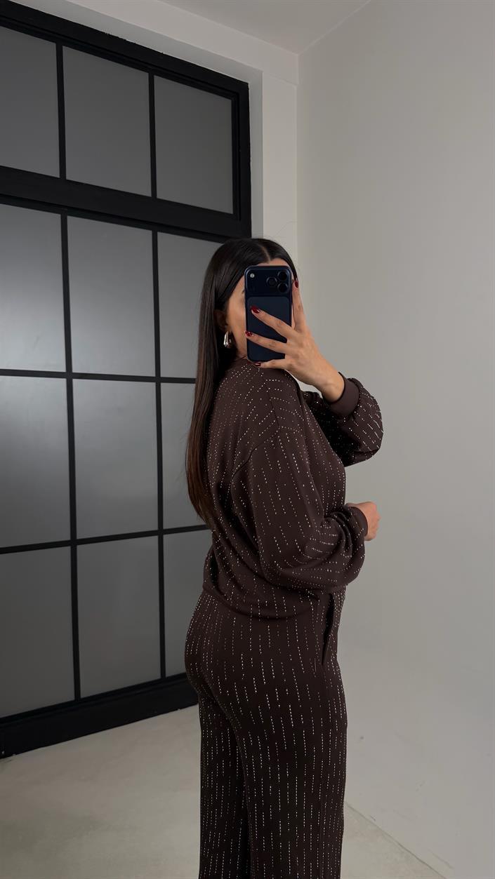 Kahve Kazak Beli Lastikli Pantolon Taş Detaylı Tasarım İkili Modal Takım GAUS-00674