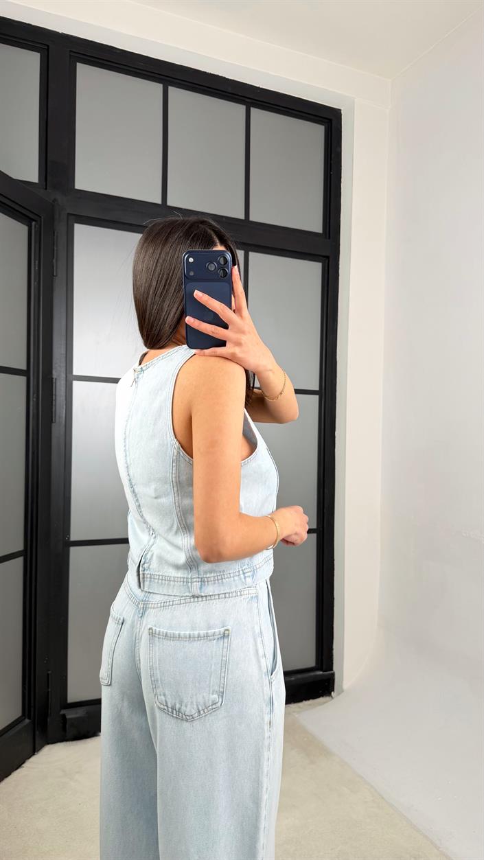 Buz Mavi Fermuarlı Bluz Beli Kuşaklı Pantolon İkili Denim Takım GAUS-01380 GAUS-01379