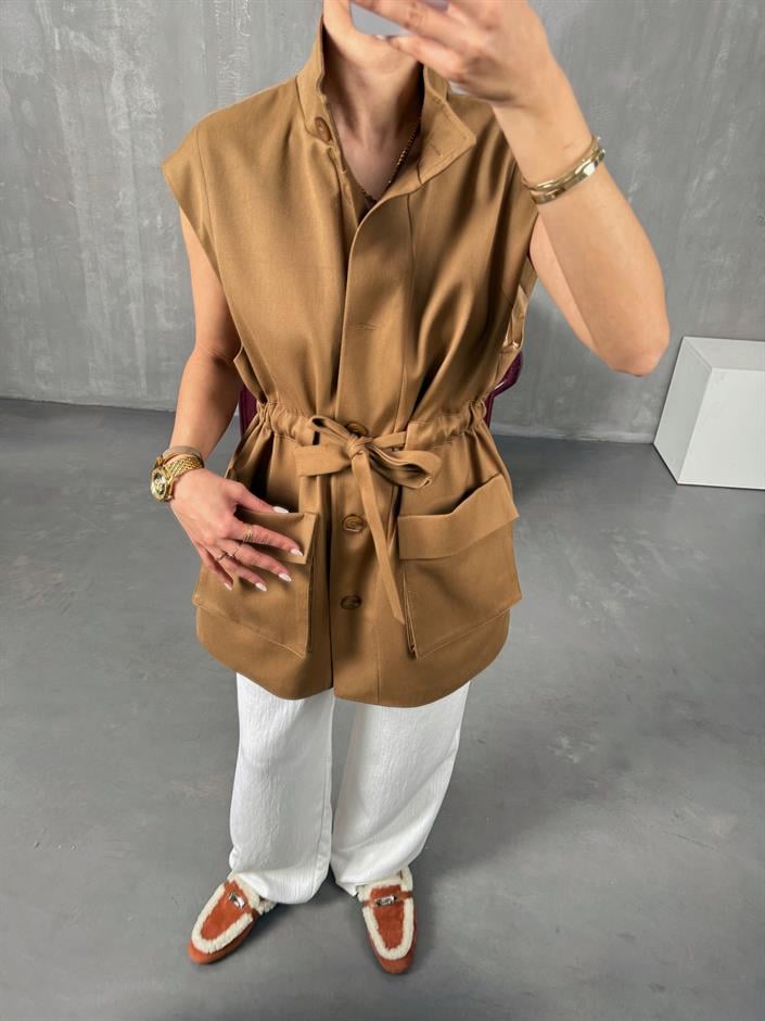 Ravi Kahve Astarlı Belden Bağlamalı Gabardin Yelek