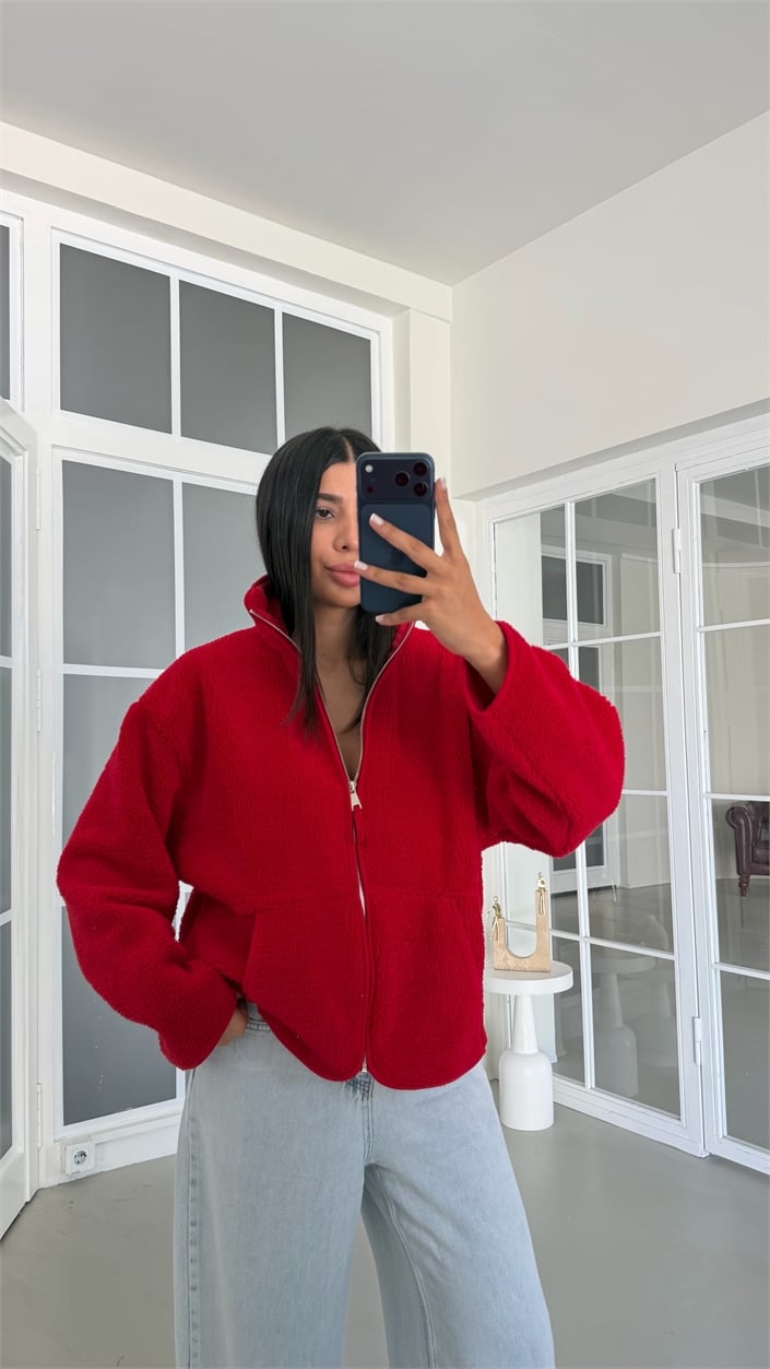 Kırmızı Fermuarlı Cepli Polar Sweatshirt GAUS-02031