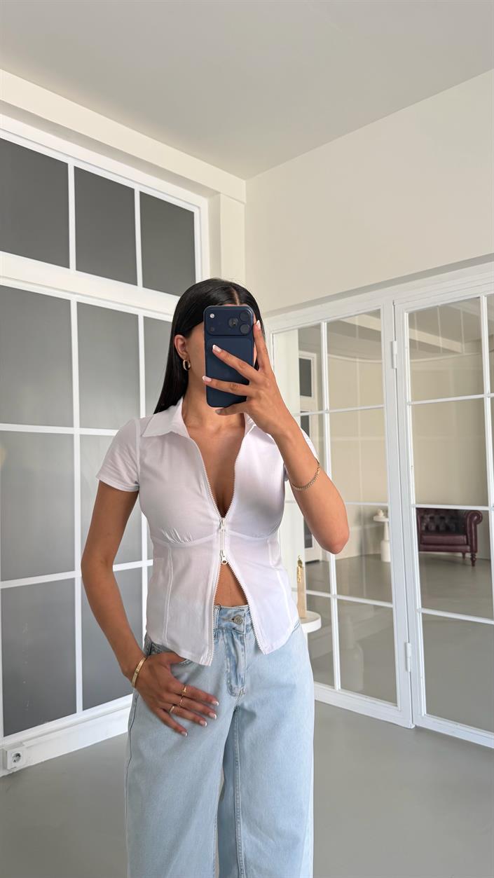 Beyaz Çift Fermuarlı Bluz GAUS-01604