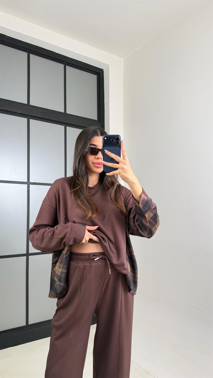 Kahve Ekose Detaylı Kazak Beli Lastikli Pantolon İkili Takım GAUS-00890