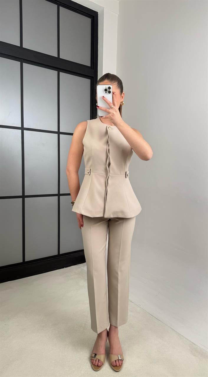 Taş Düğme Detaylı Yelek Pantolon İkili Premium Takım GAUS-00987