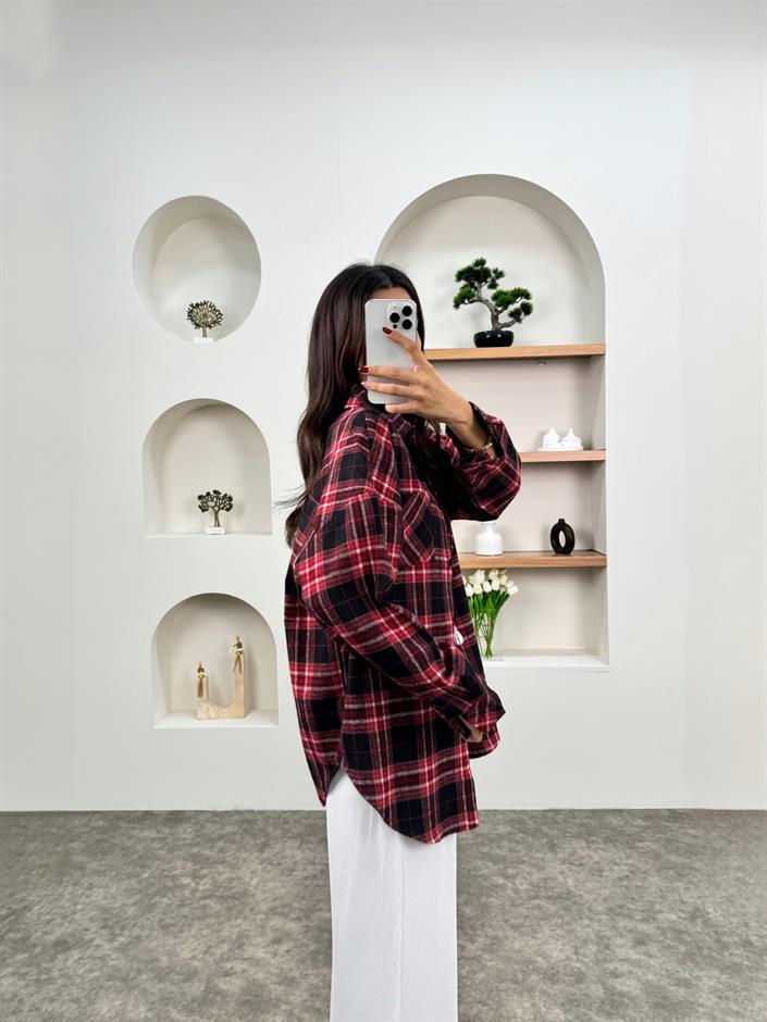 Raga Kırmızı Kareli Kaşe Oduncu Oversize Gömlek