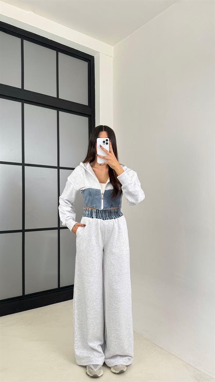Gri Denim Detaylı Kapüşonlu Hırka Beli Lastikli Pantolon Tasarım Takım GAUS-00444