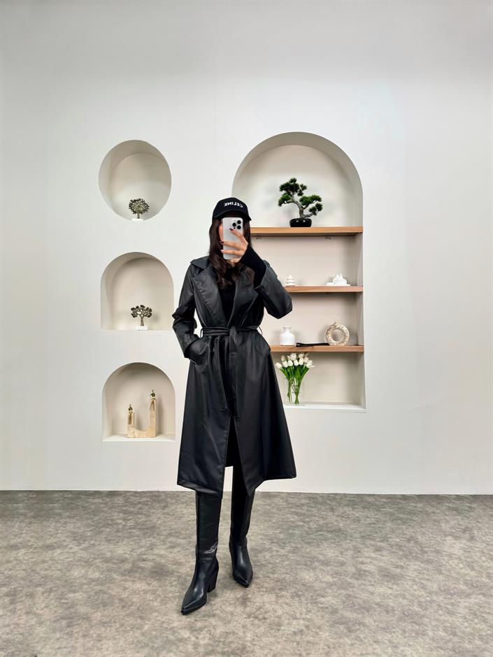 Hailey Siyah Premium Deri Trençkot