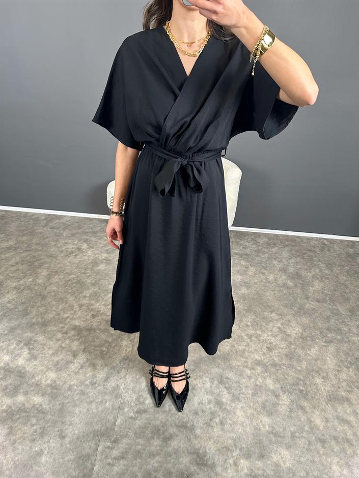 Gigi Siyah Tensel Midi Boy Kuşaklı Elbise 