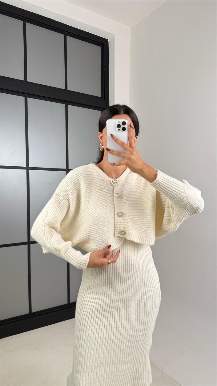 Ekru Hırka Askılı Elbise İkili Triko Takım GAUS-00185