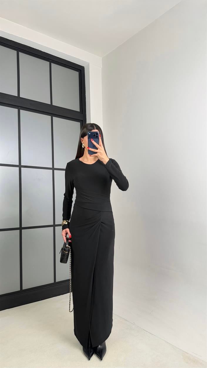 Siyah Yırtmaç Detaylı Astarlı Sandy Kumaş Elbise GAUS-00949