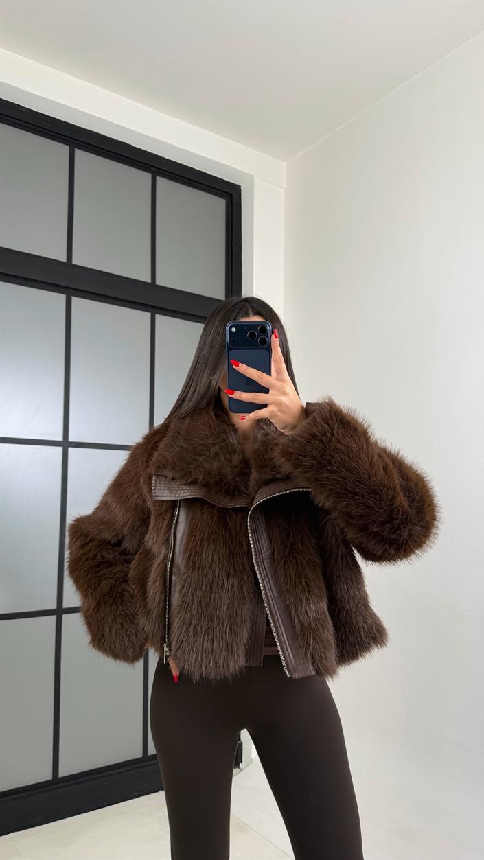 Kahve Astarlı Deri Detaylı Kürk Ceket GAUS-01017