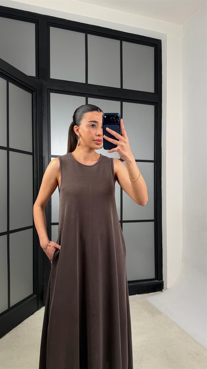 Kahve Sıfır Kol Basic Modal Kumaş Elbise GAUS-01329