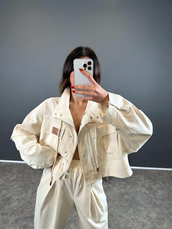 Gabardin Bej Baskılı Oversize Ceket 